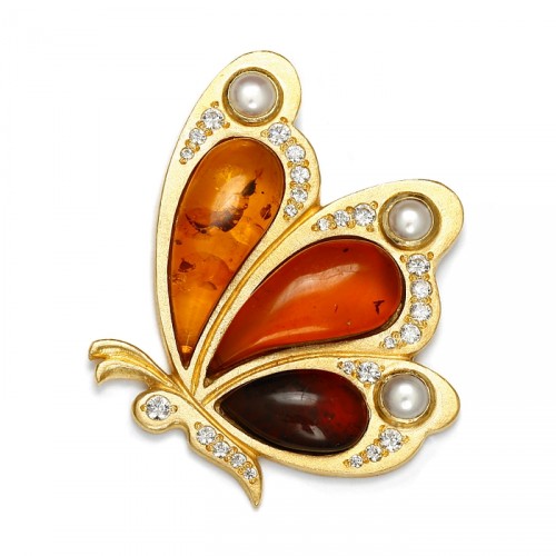 Butterfly amber brooch with pearls