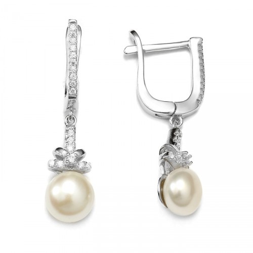 Srebrne długie kolczyki z perłami i cyrkoniami