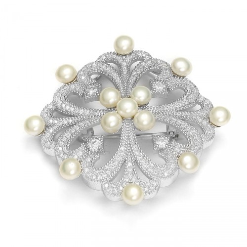 Silver brooch with pearls and zircons